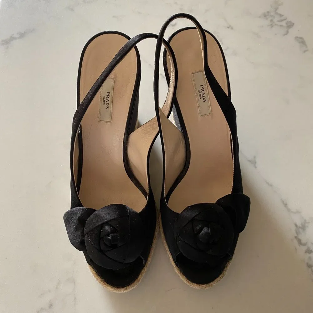prada satin wedge peep toe espadrilles w/ rosette